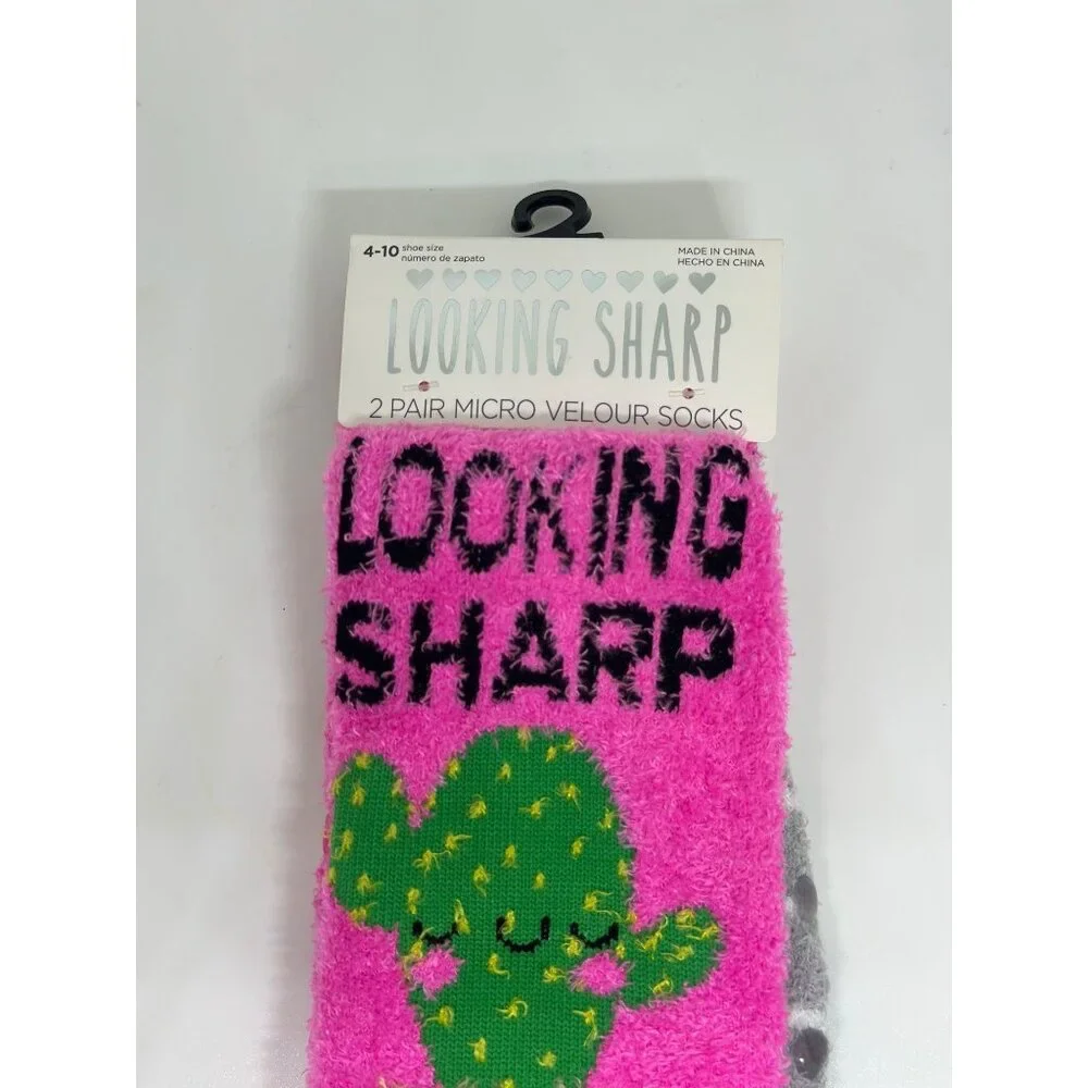 NEW Looking Sharp 2-Pair Micro Velour‎ Socks Cactus Pink Gray Fuzzy Size 4-10